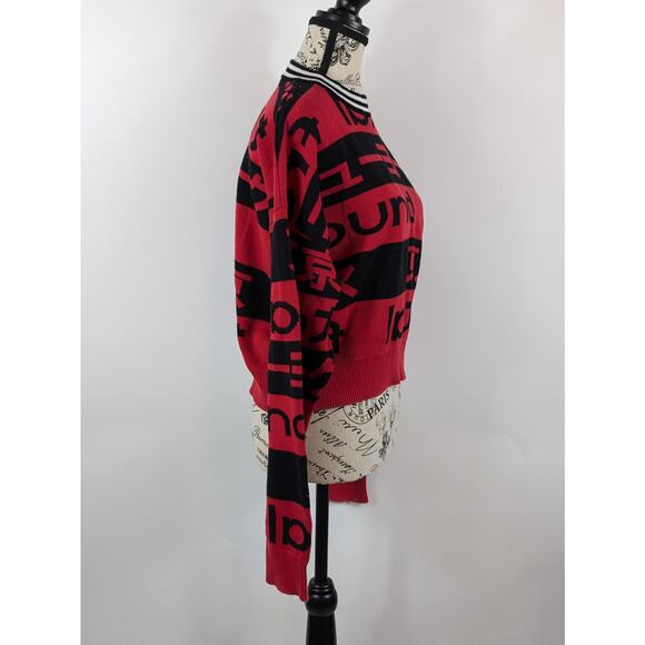 Womens Large Crop Sweater Red Black Pullover Kanji Japanese Harajuku Forever 21 - Picture 4 of 10